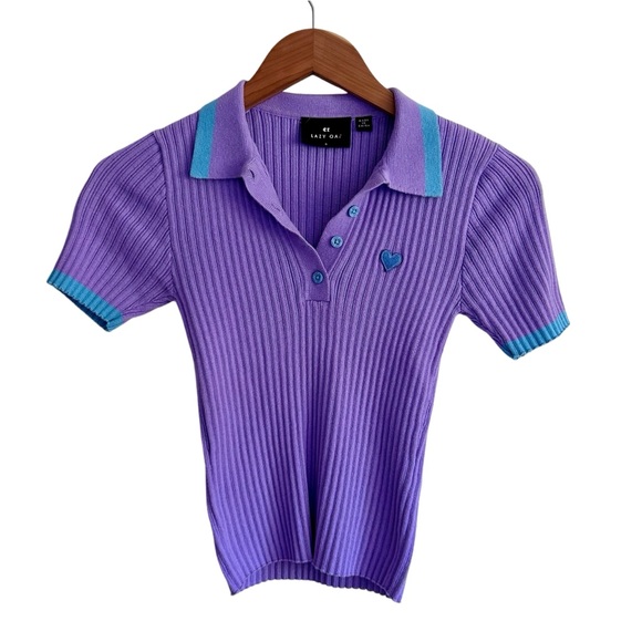 Lazy Oaf Sz US 2/XS Tiny Heart Polo Ribbed Knit Stretch Cotton Purple Cropped - Picture 3 of 10